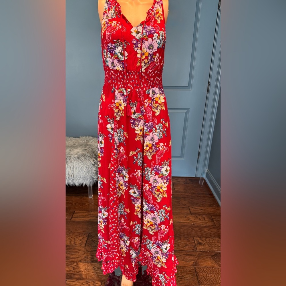 Bila Red Floral Smocked Waist Boho Maxi Dress Size Small